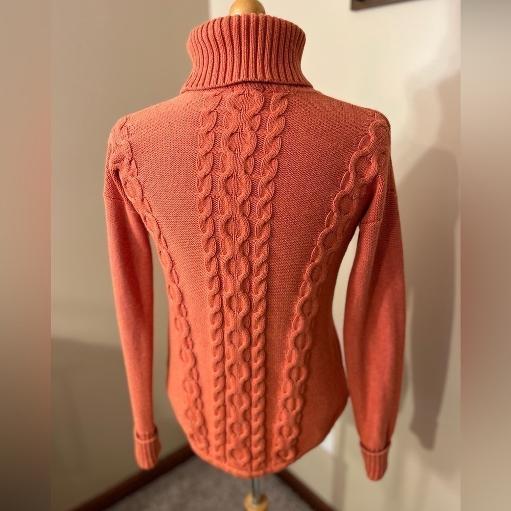 L.L. Bean Orange Cotton Cable Knit Turtleneck Sweater Sz XS - Picture 2 of 7